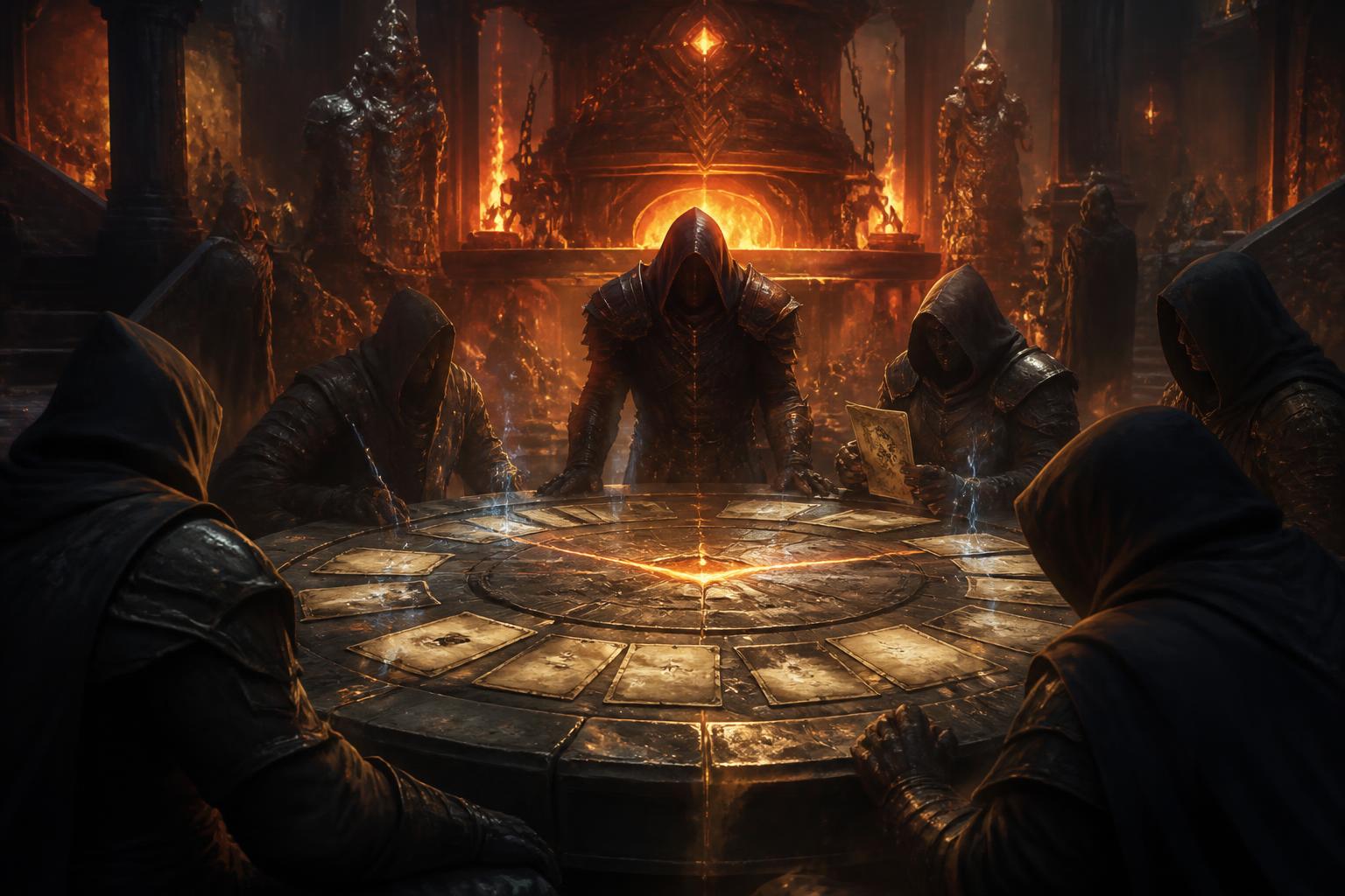 Original fantasy artwork of hooded competitors gathered around a glowing forge-lit strategy table